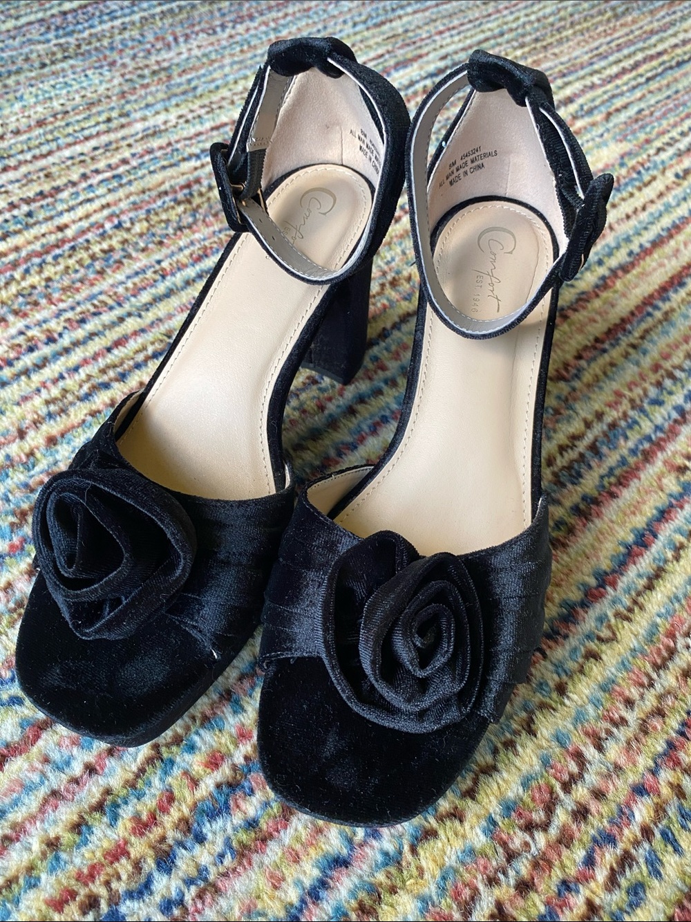 Black Velvet Floral Block Heel Sandals